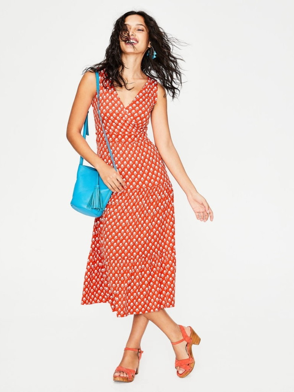 Boden Nicole Tiered Ditsy Woodblock Jersey Midi Dress Blood Orange 4R Floral